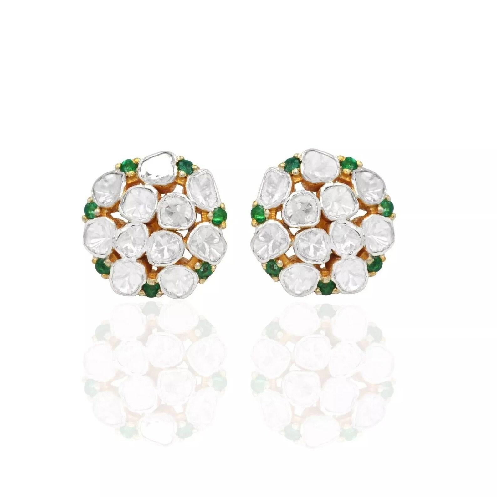 Taglio cuscino antico Orecchini antichi di smeraldo con diamante Polki Nature   Orecchini con diamanti in vendita