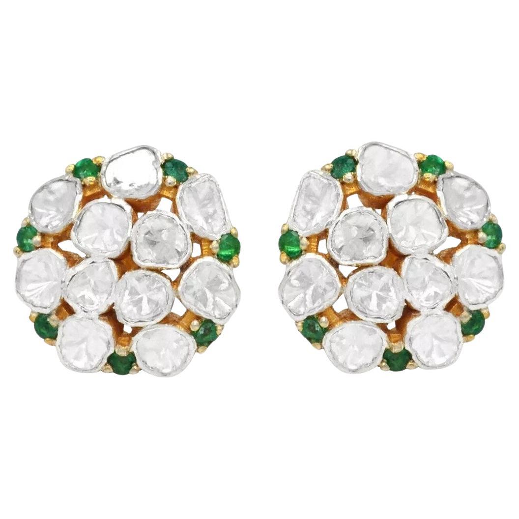 Antique Polki Diamond Emerald Earrings Natural   Diamond Earrings