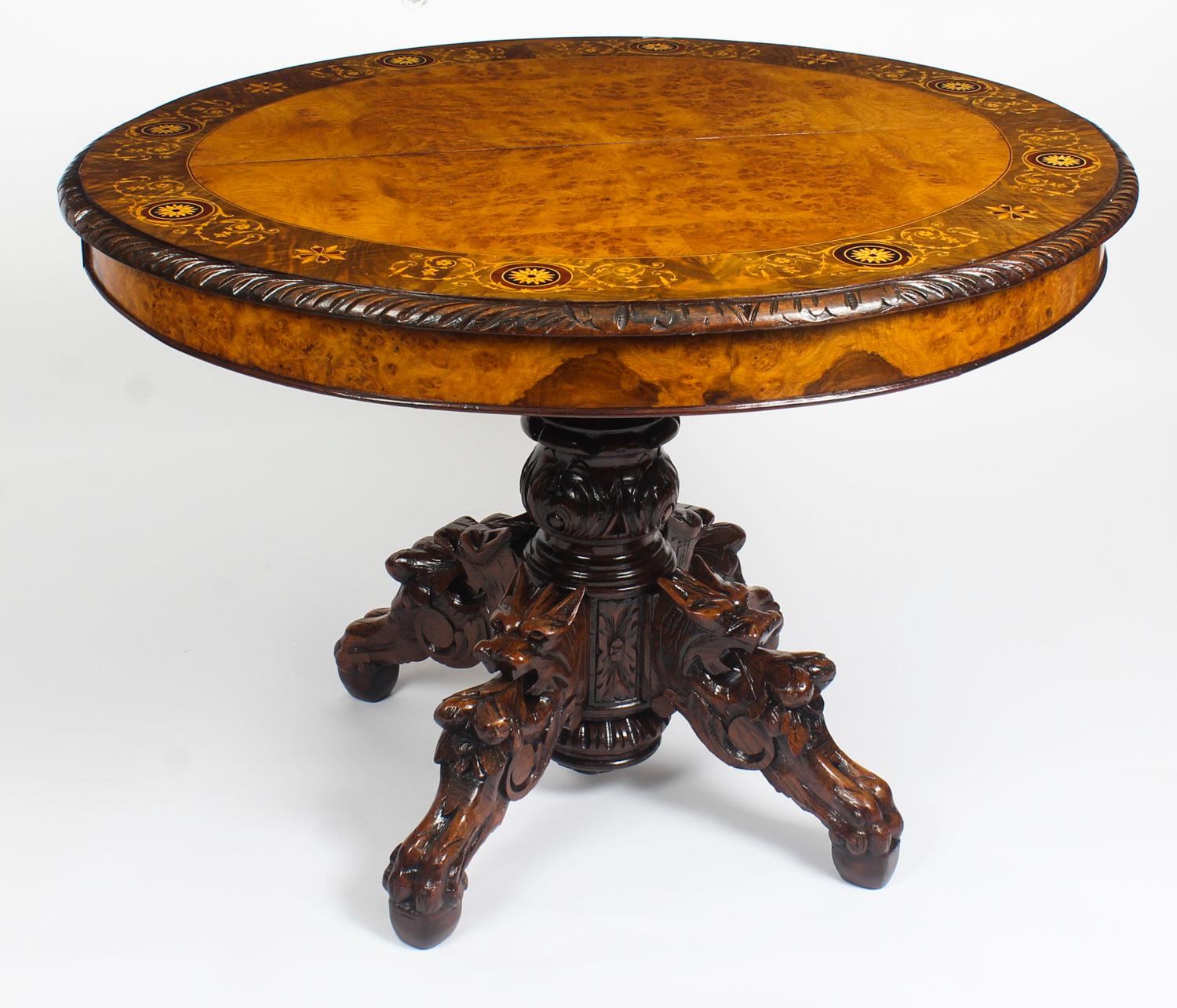 English Antique Pollard Oak and Marquetry Oval Victorian Dining Table, 19th Century