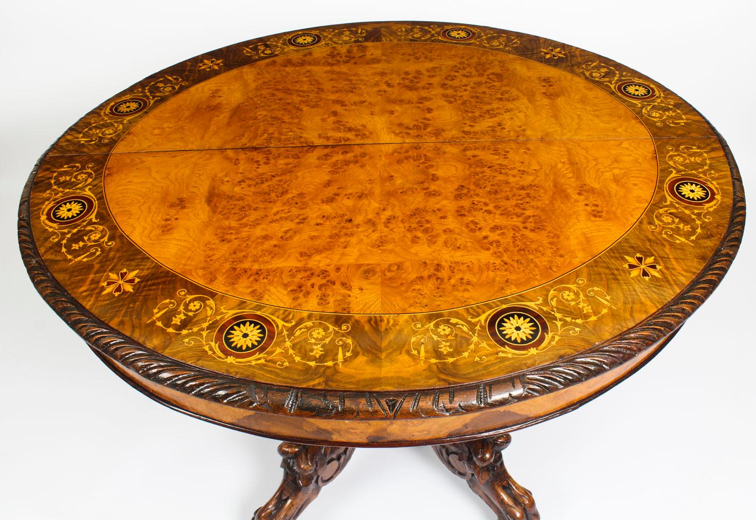 Antique Pollard Oak and Marquetry Oval Victorian Dining Table, 19th Century 1