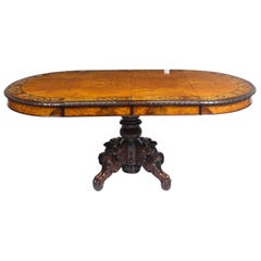 Antique Pollard Oak and Marquetry Oval Victorian Dining Table, 19th Century