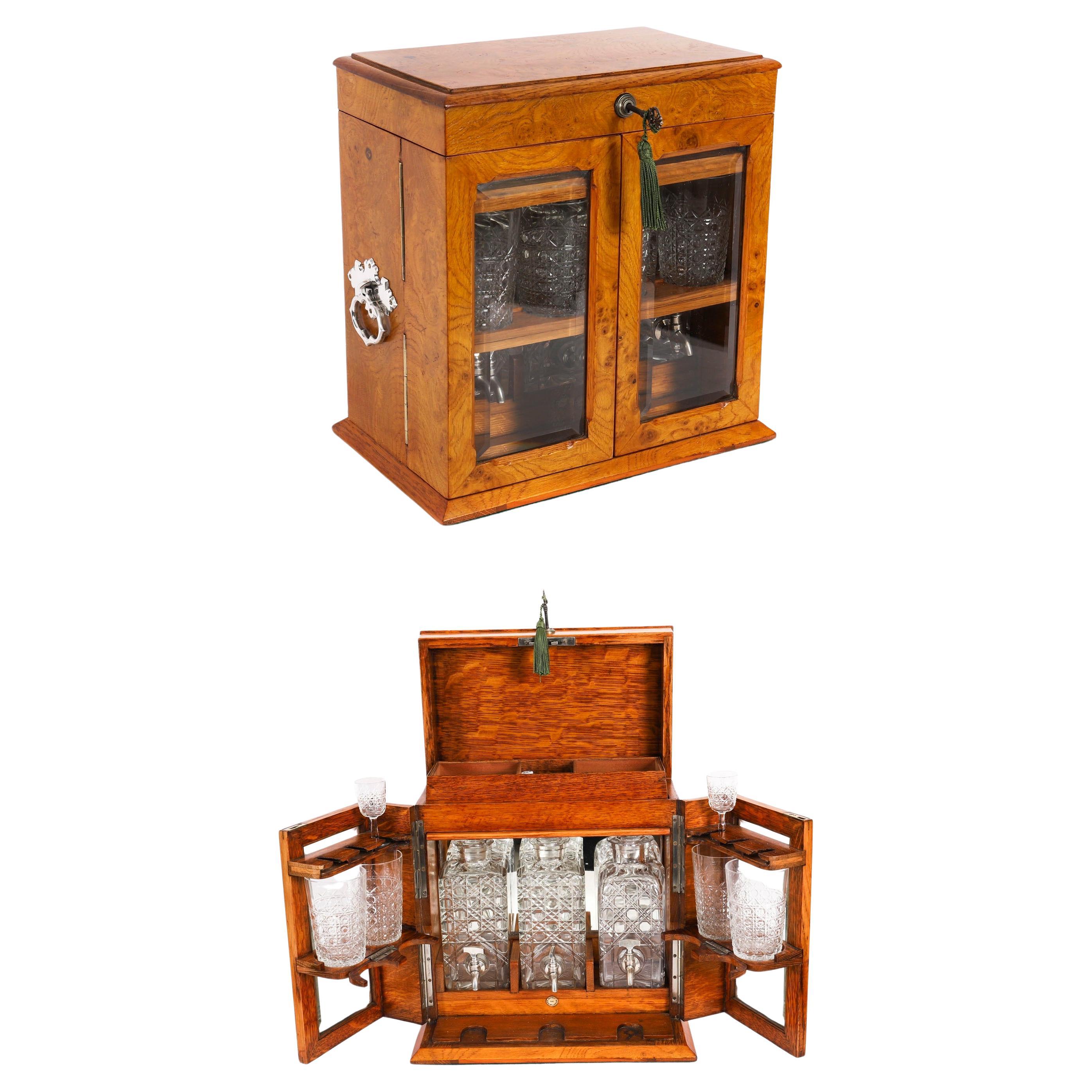 Antique Pollard Oak Three Crystal Decanter Tantalus Dry Bar Humidor 19th Century