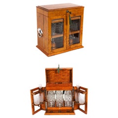 Antique Pollard Oak Three Crystal Decanter Tantalus Dry Bar Humidor 19th Century