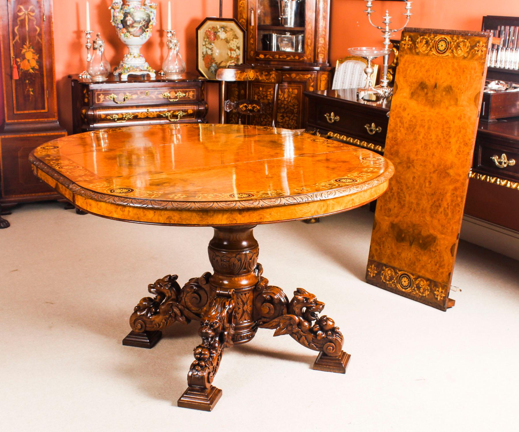 Marquetry Antique Pollard Oak Victorian Dining Table 19th Century and Eight Bespoke Chairs