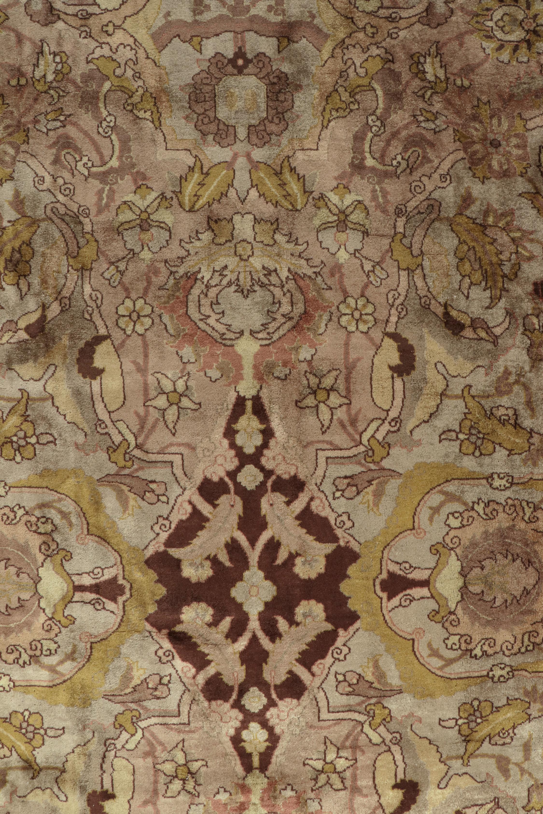 Wool Antique Polonaise Palace Rug in Pink, Beige-Brown and Gold Floral Pattern For Sale