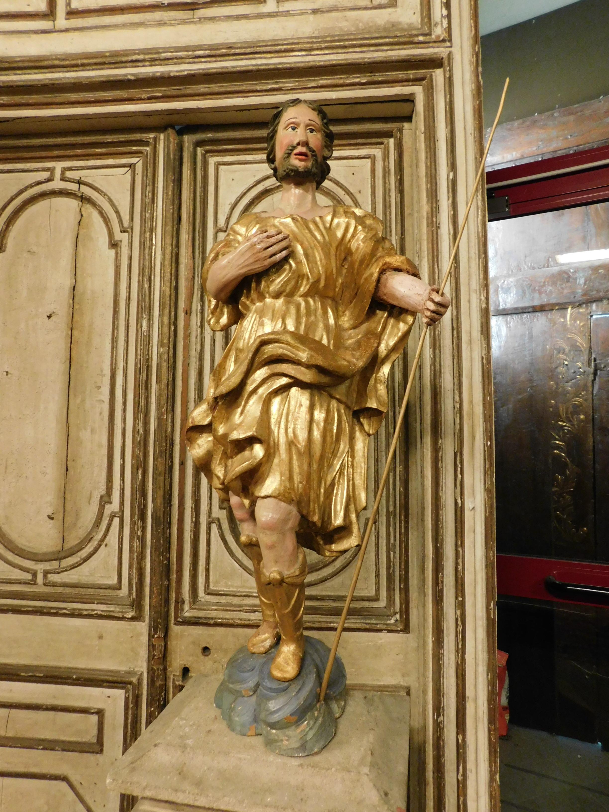 Hand-Carved Antique Polychrome and Gilded Wooden Statue, Late 18th Century Italy