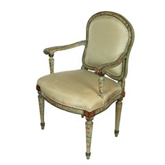 Antique Polychrome Armchair in Green Silk Ticking Stripe