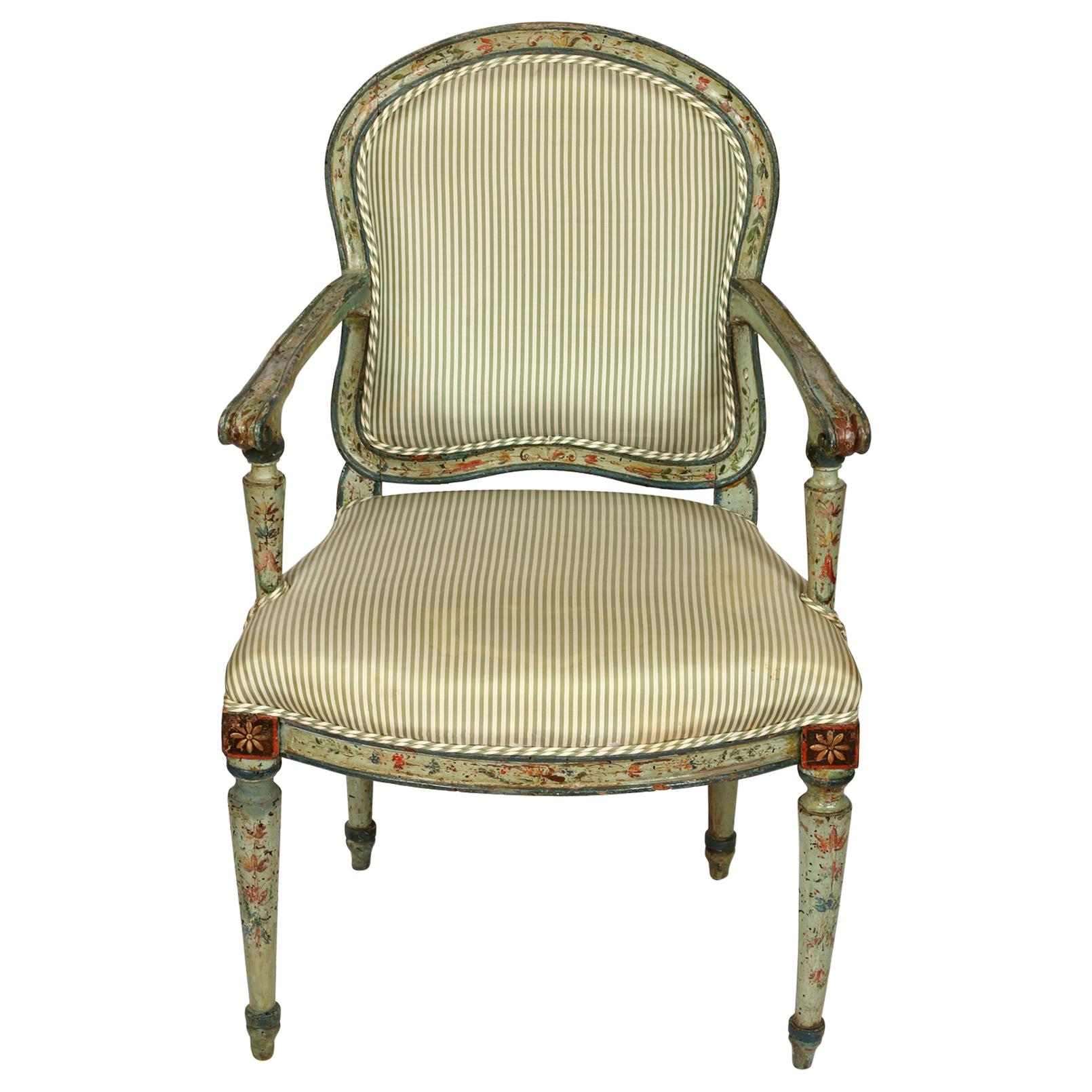 Antique Polychrome Armchair in Green Silk Ticking Stripe
