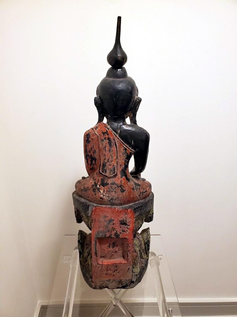 Teak Antique Polychrome Buddha on Lotus Throne