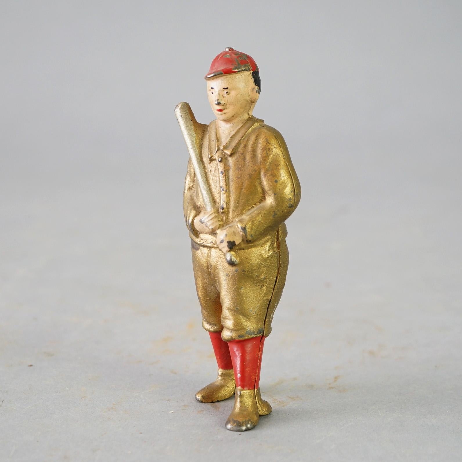 Antique Polychromed Figurative Cast Iron Baseball Player Sports Still Coin Bank Circa 1920

Measures- 5.75''H x 2''W x 2''D