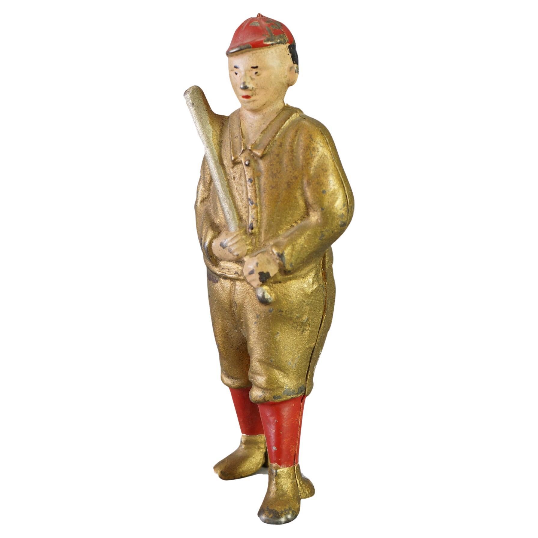 Antique Polychrome Cast Iron Baseball Player Coin Bank Circa 1920