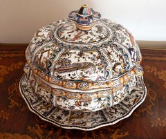 Antique Polychrome Delft Hand Painted 17th Century Portuguese Ceramic Tureen Lid