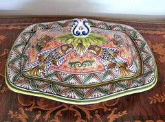 Antique Polychrome Delft Hand Painted 17th Century Portuguese Ceramic Tureen/Lid