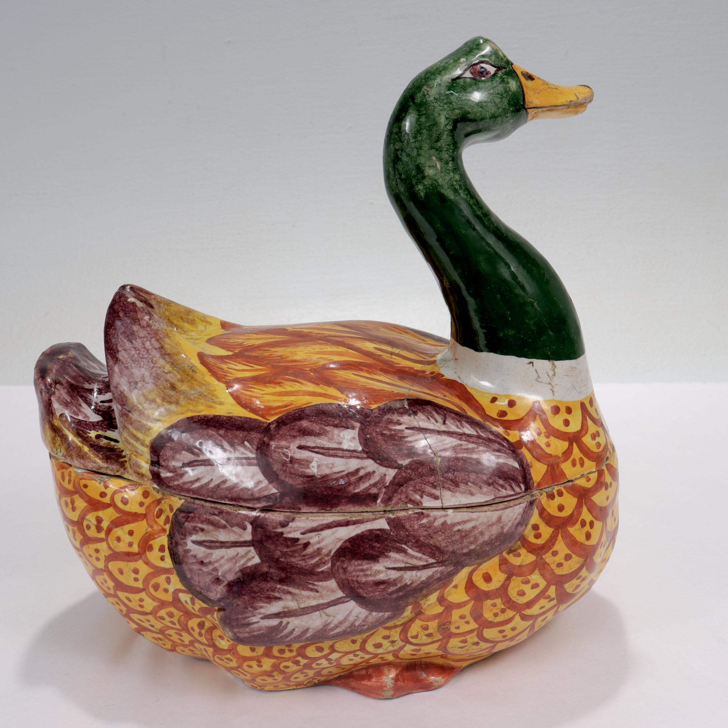 19th Century Antique Polychrome Dutch Delft Figural Duck Shaped Tureen or Covered Bowl For Sale