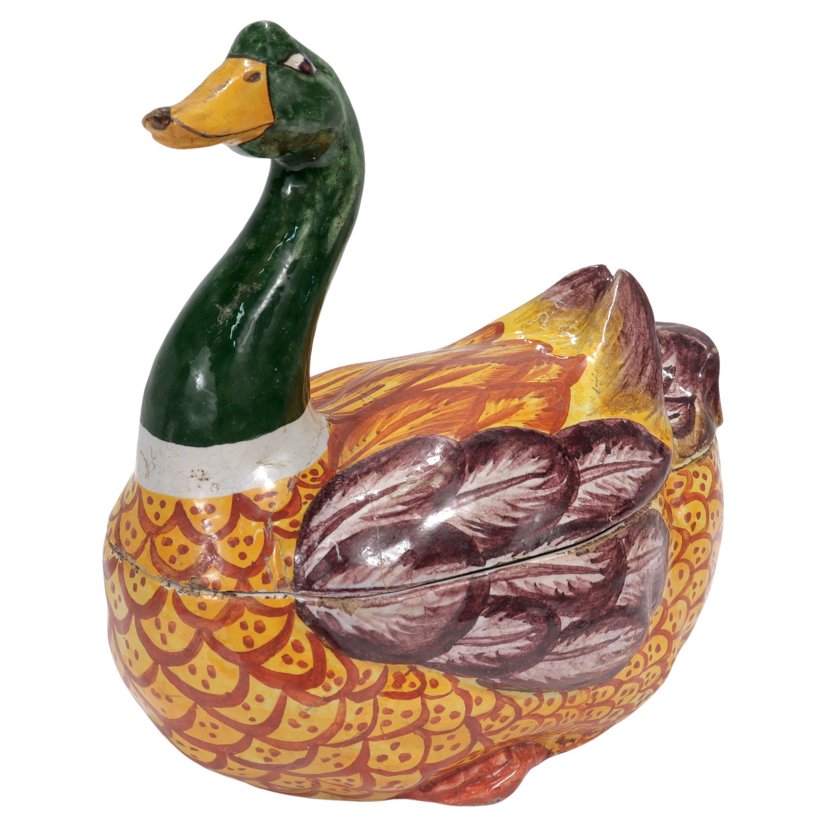 Antique Polychrome Dutch Delft Figural Duck Shaped Tureen or Covered Bowl For Sale