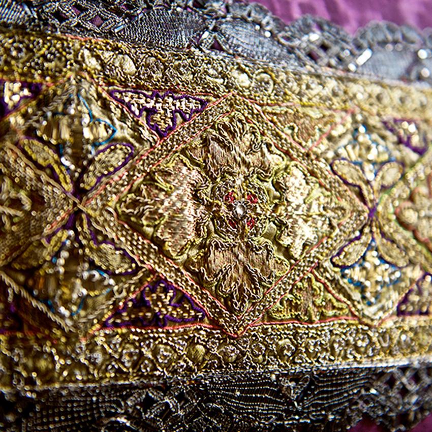Baroque Antique Polychrome Embroidery on Purple Moire' Pillow by Eleganza Italiana