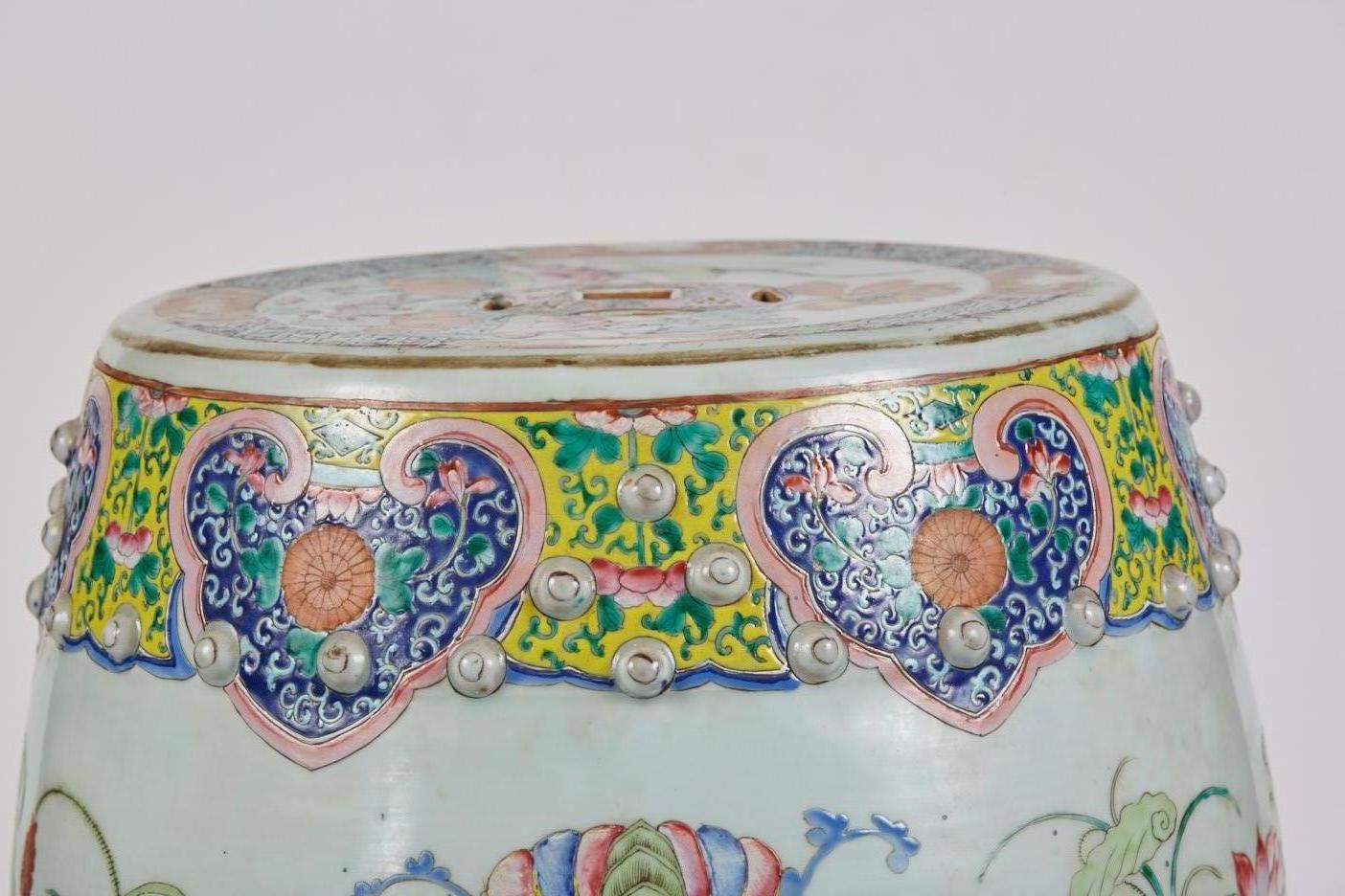Antique Polychrome Enameled  Chinese Porcelain Garden Seat 1