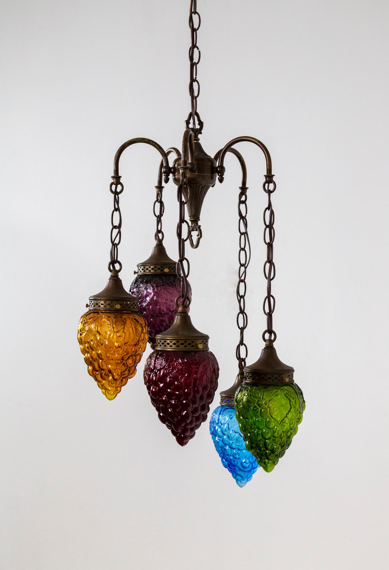 Antique Polychrome Glass Grapes Cascade Chandelier For Sale 4