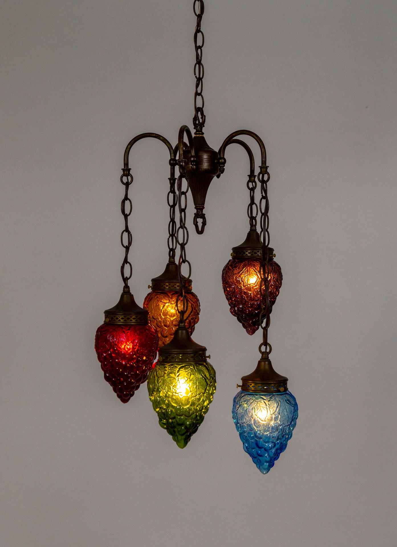 Antique Polychrome Glass Grapes Cascade Chandelier In Good Condition For Sale In San Francisco, CA