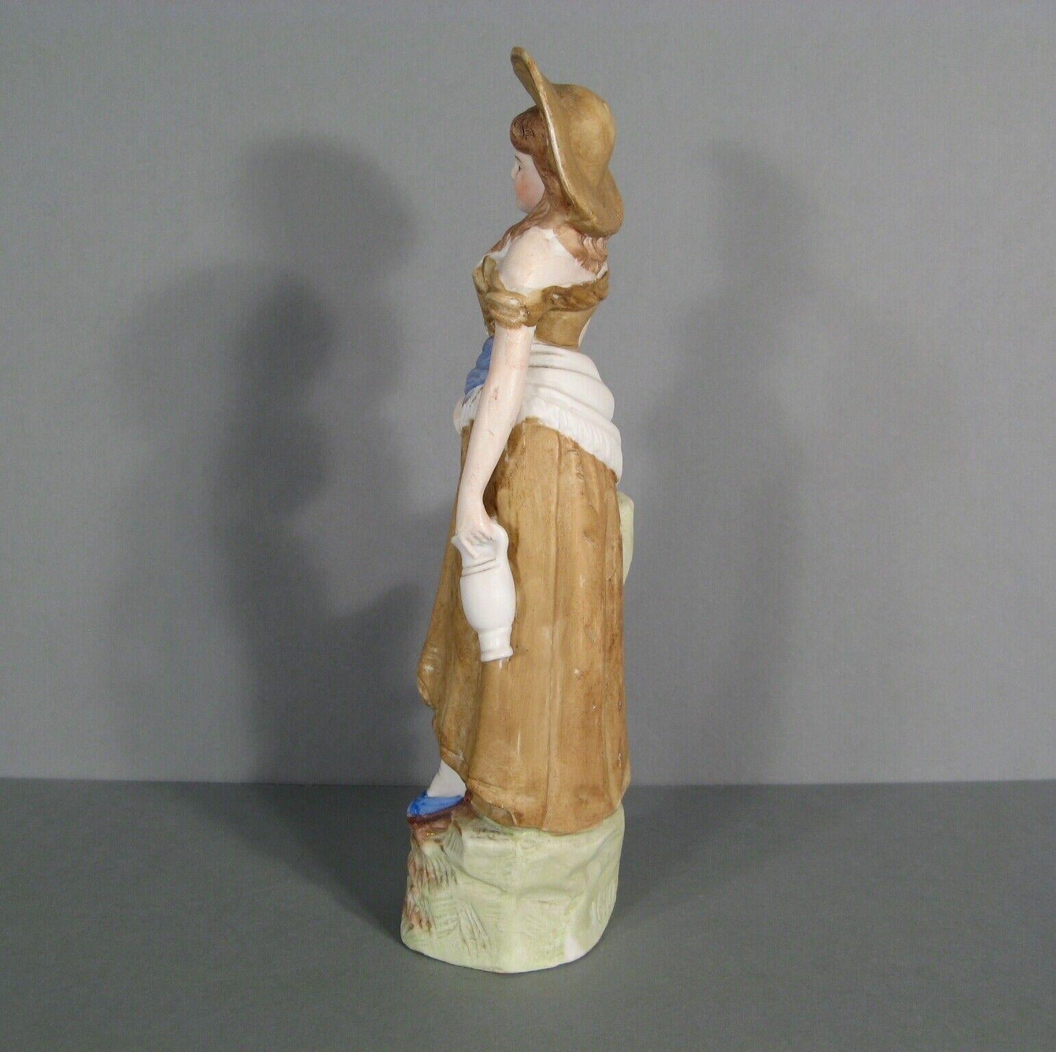 Antique Polychrome Porcelain Biscuit Figurine of a Young Woman with Jug - 1Y170 2