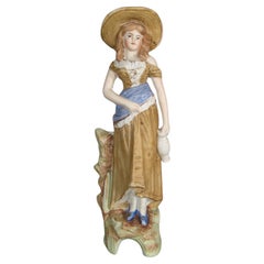 Antique Polychrome Porcelain Biscuit Figurine of a Young Woman with Jug - 1Y170