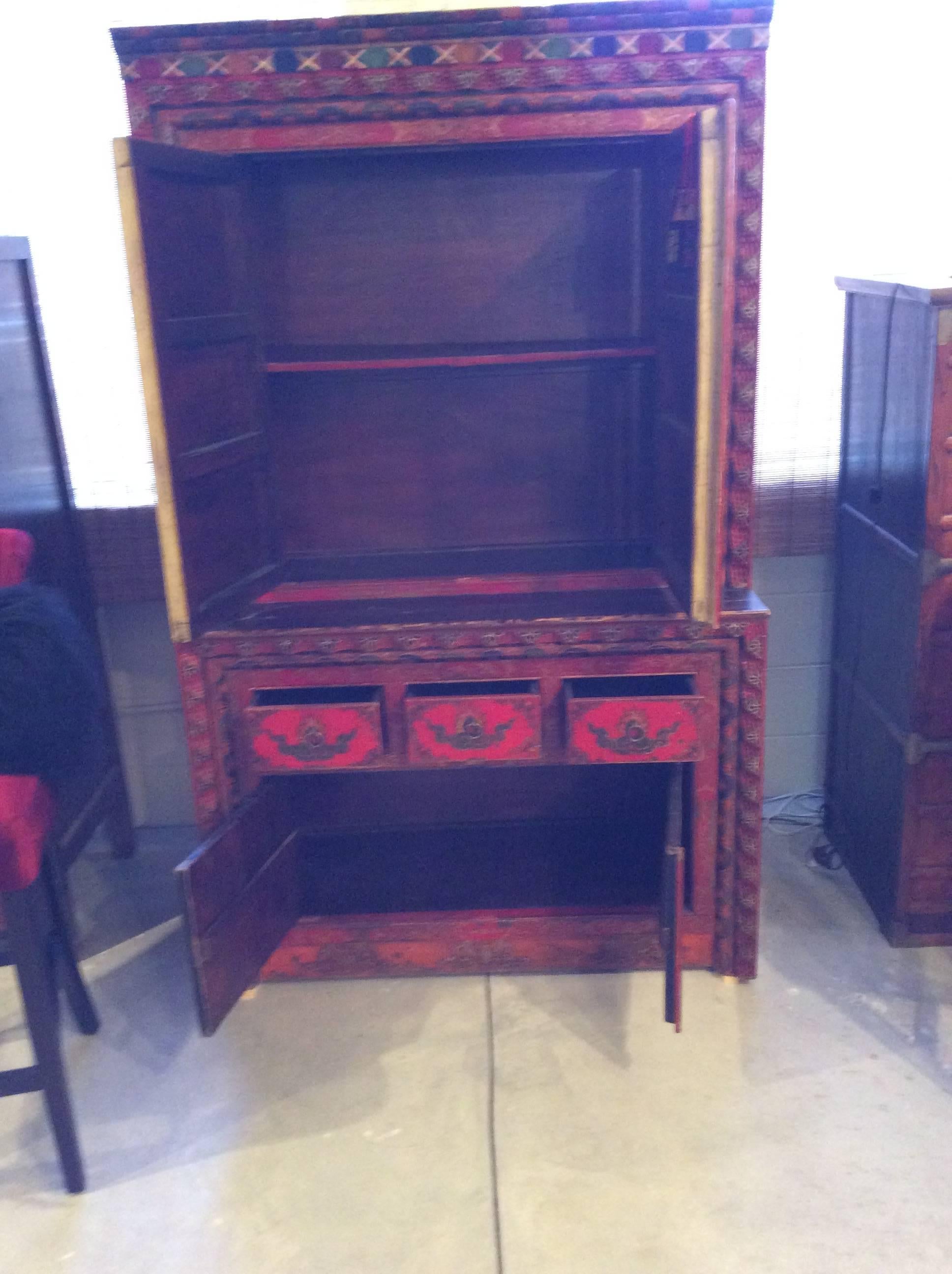 Elm Antique Polychrome Tibetan Cabinet