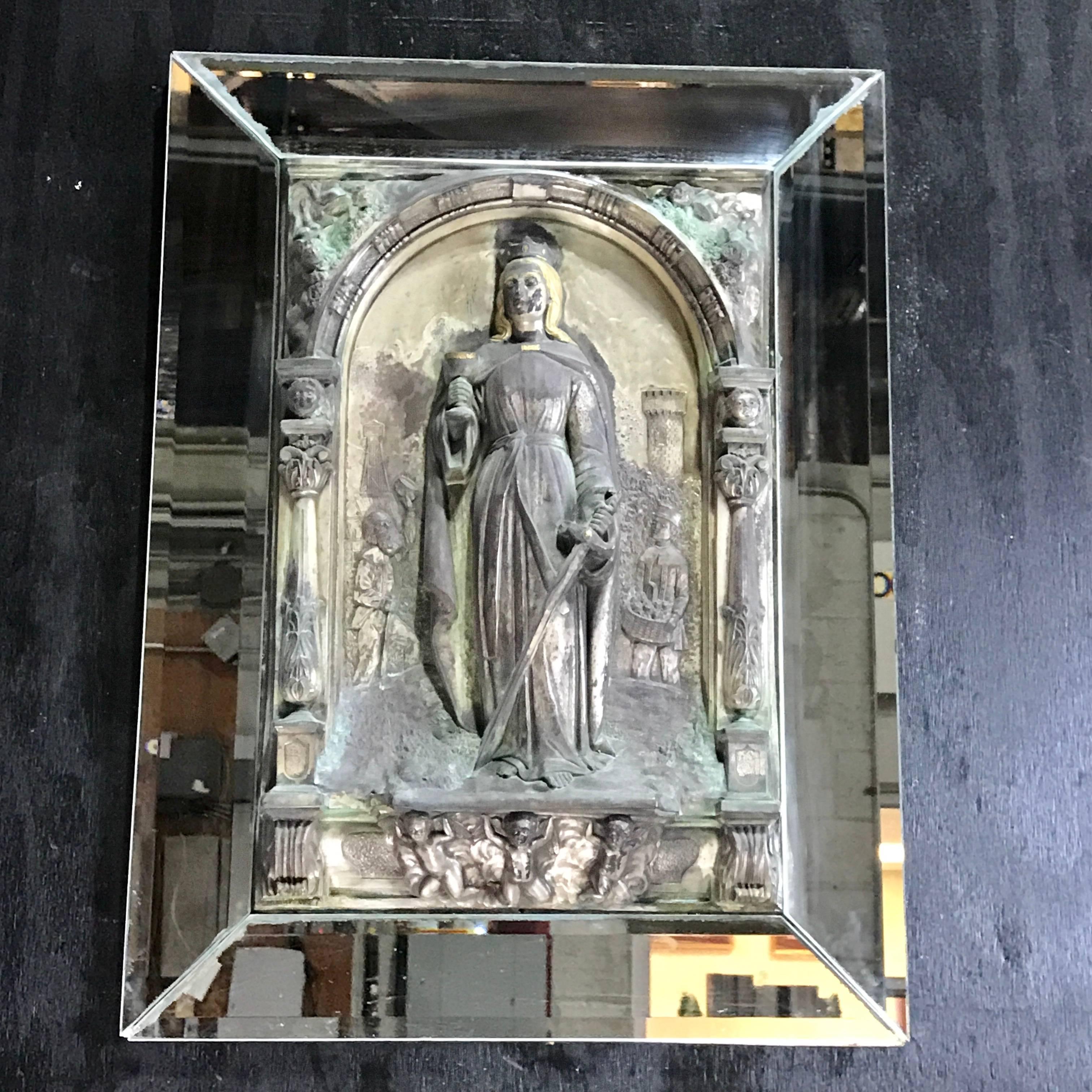 Antique Polychromed and Mirrored Relic of St. Barbara

Presenting an antique polychromed and mirrored relic of St. Barbara, bearing the mark of seasoned craftsmanship and ornate detailing. Retaining a distressed patina, the painted and polychromed