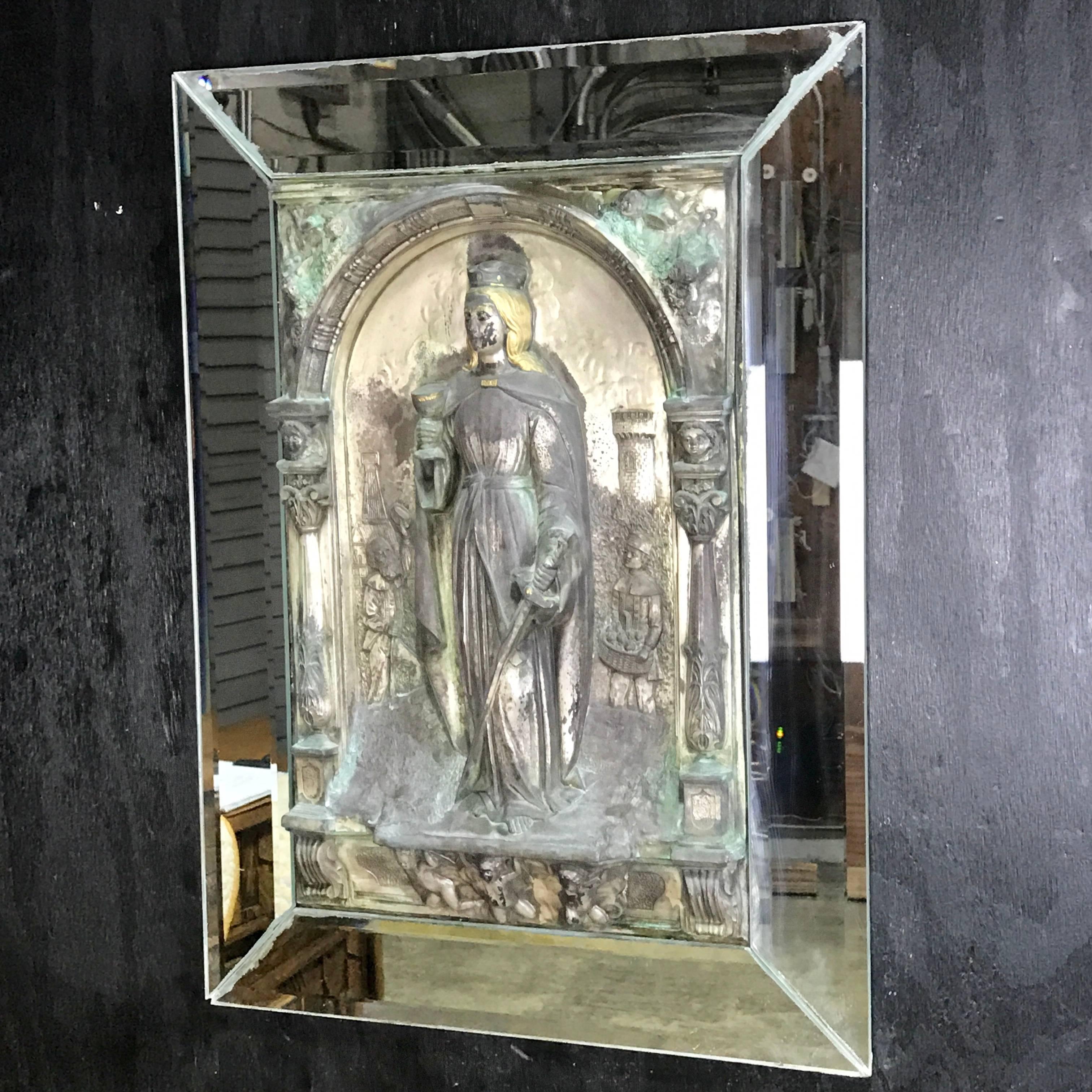 Spanish Antique Polychromed and Mirrored Relic of St. Barbara For Sale