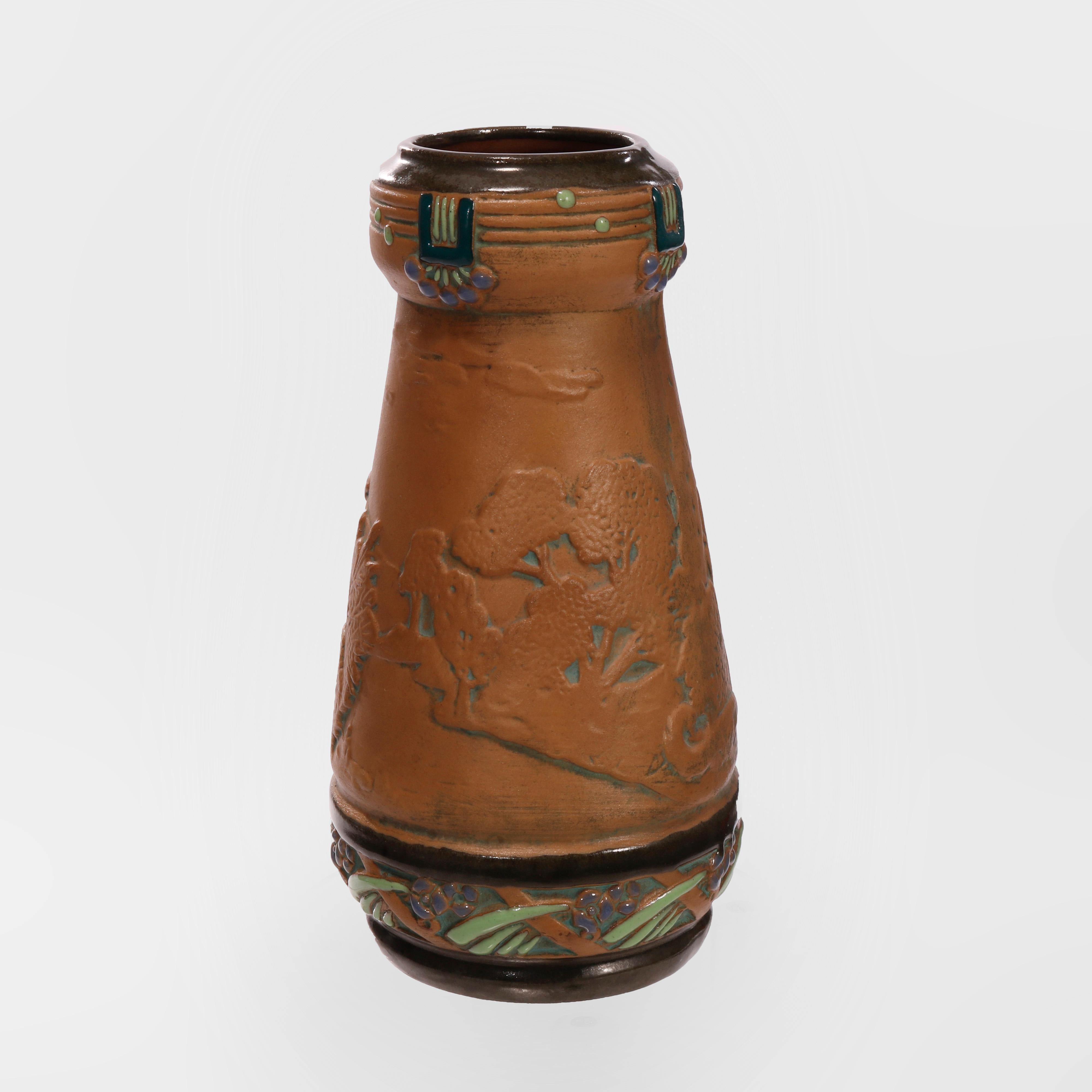 Arts and Crafts Antique Polychromed Amphora Pottery Vase with Wild Cat Carved in Relief c1910