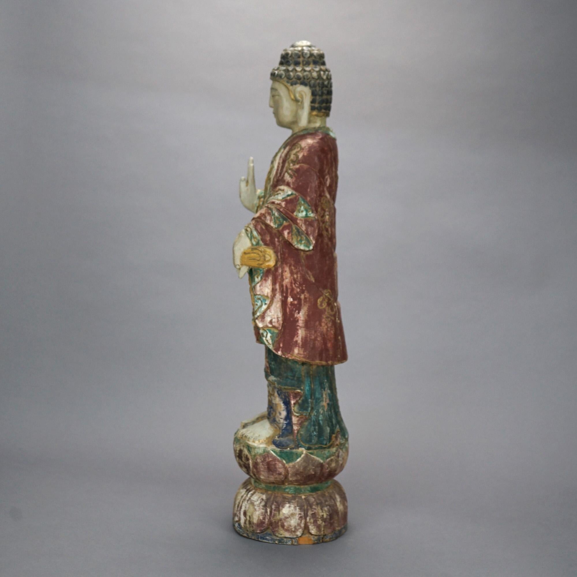 Chinese Antique Polychromed Carved Wood Buddha Figure 20th C For Sale