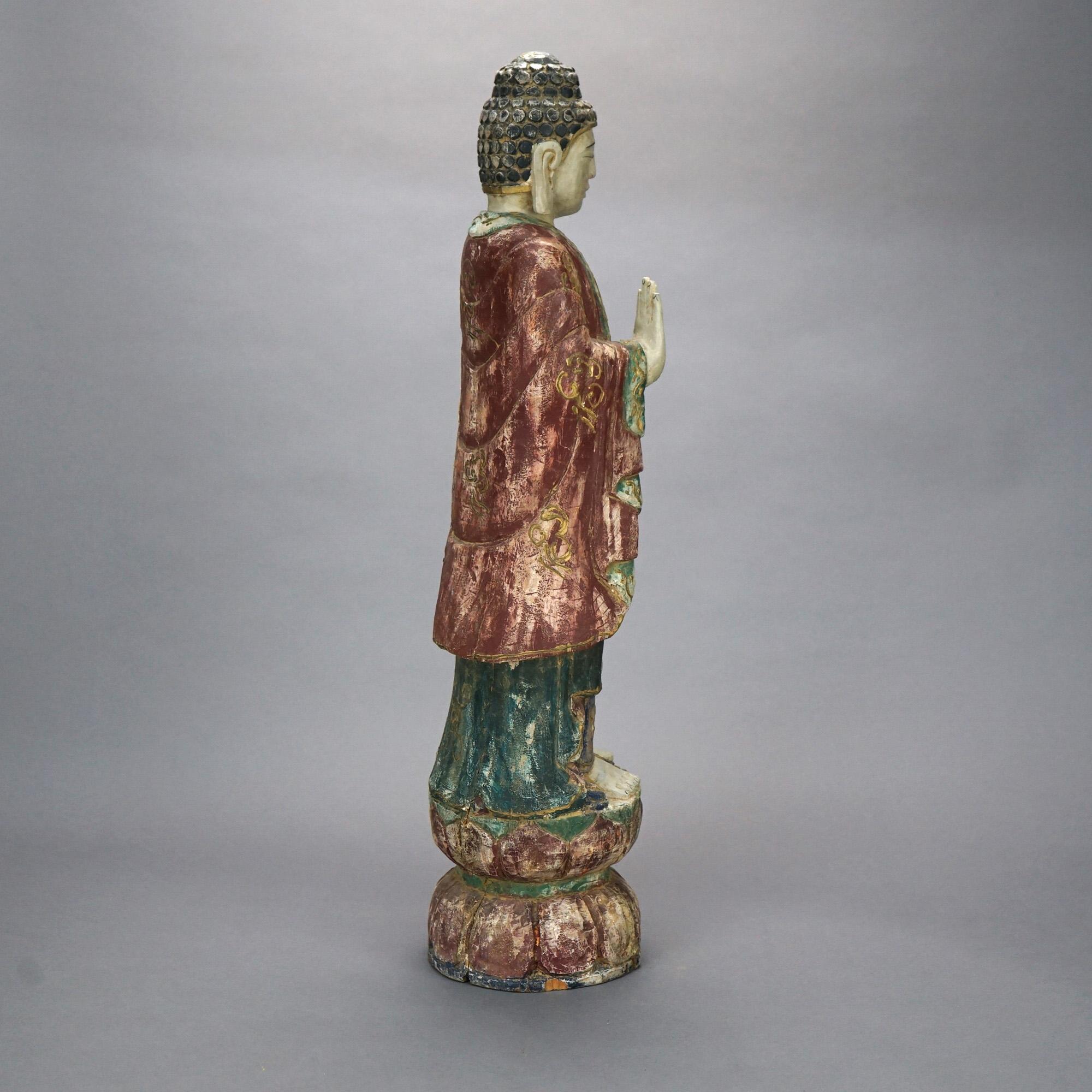 Antique Polychromed Carved Wood Buddha Figure 20th C In Good Condition For Sale In Big Flats, NY