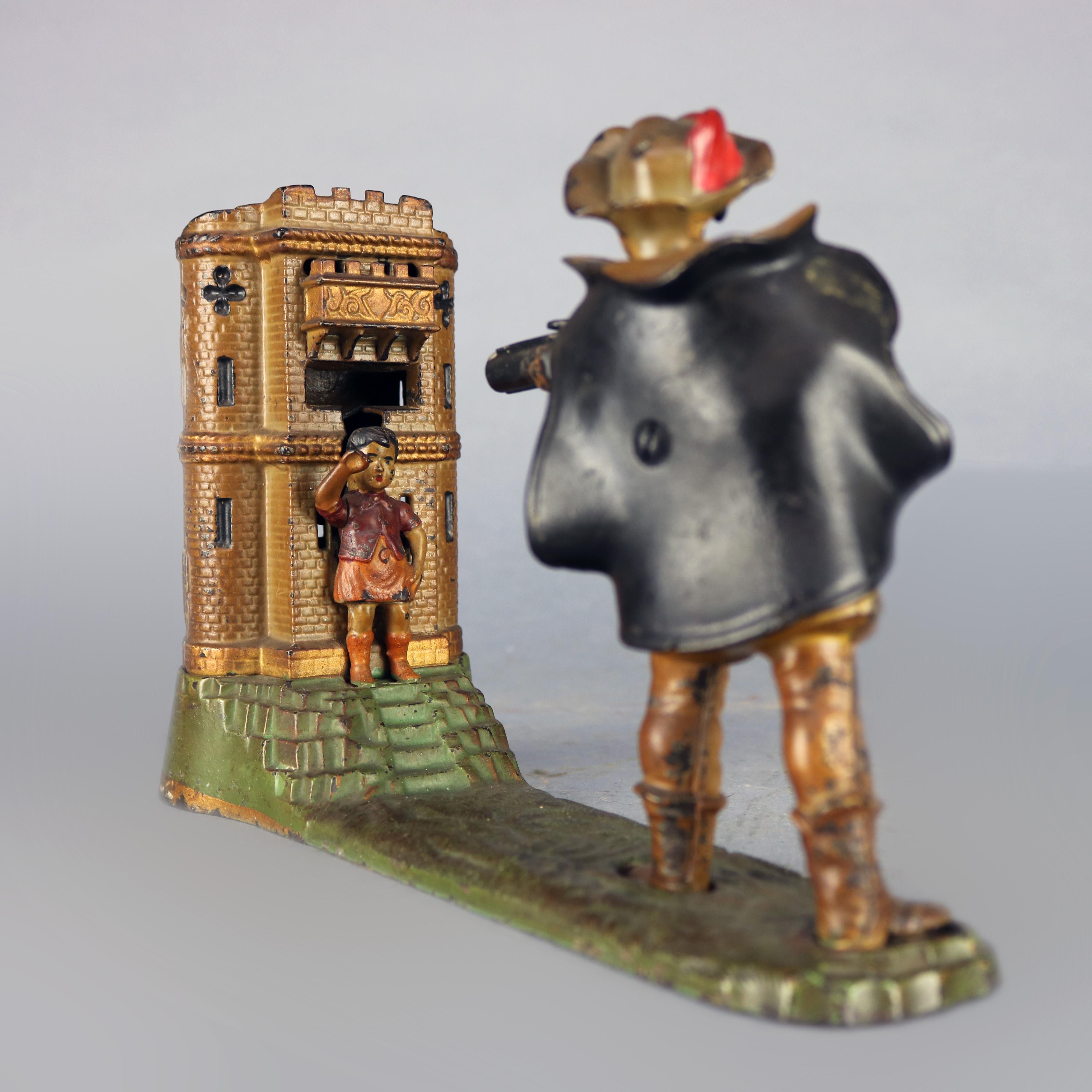 An antique mechanical bank bank by J.E Stevens offers polychrome painted cast iron construction and depicts William Tell, boy and structure, base embossed Patented June 30 1890