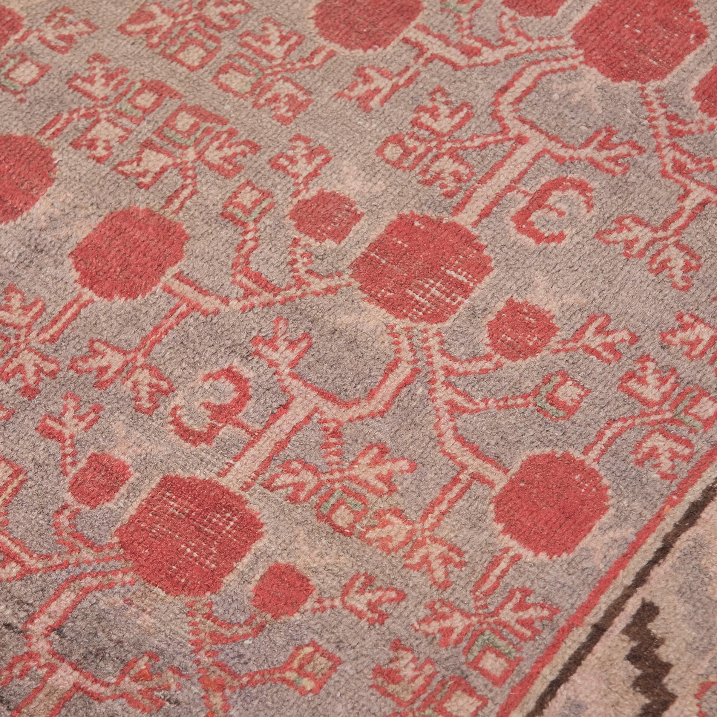 One of the most remote locations in Asia, the area known as East Turkestan was a pivotal stop along the Silk Road, uniting the cultures of India, Persia, and China. This rich multicultural mix is reflected in the exquisite carpets created in the