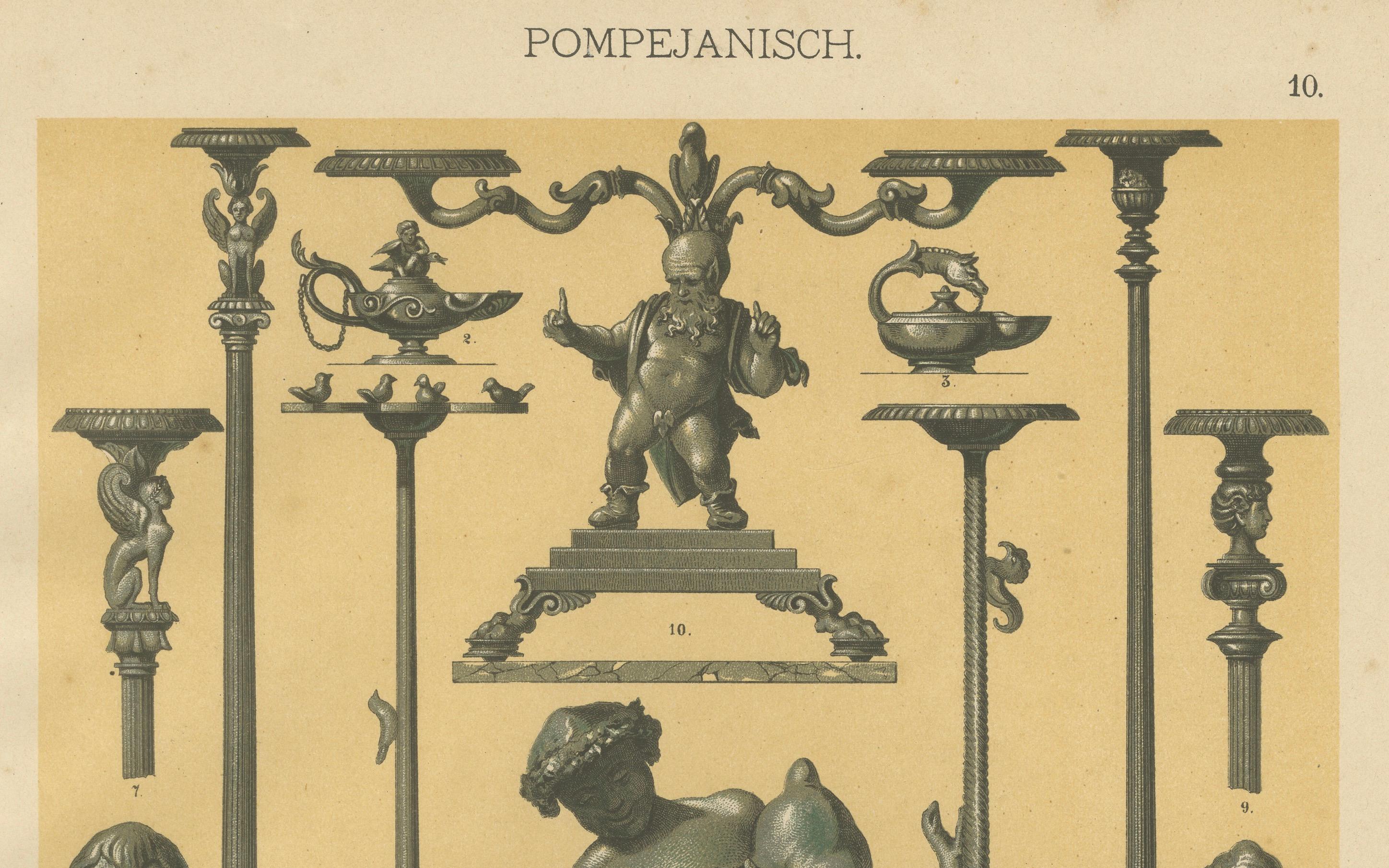 Antike pompejanische Wandmalerei und Bronzedrucke von 1887, italienisch inspiriert

Dieses bemerkenswerte Paar antiker Drucke zeigt die raffinierte Eleganz und den künstlerischen Einfallsreichtum des antiken pompejanischen Designs, wie es in der