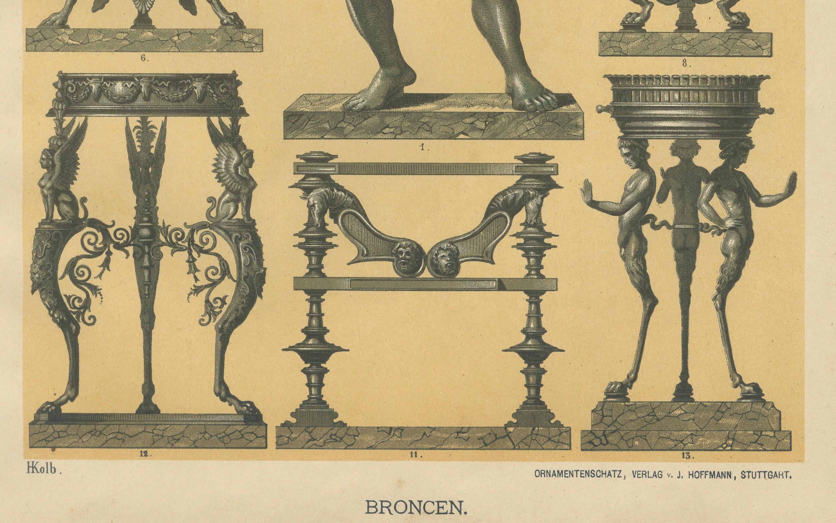 Antike pompejanische Wandmalerei und Bronze-Designdrucke, Italien inspiriert, 1887 im Zustand „Gut“ im Angebot in Langweer, NL
