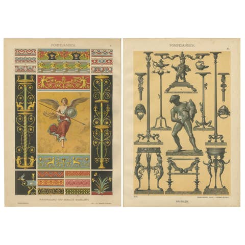 Antique Pompeian Wall Painting and Bronze Design Prints, Italy-Inspired, 1887
