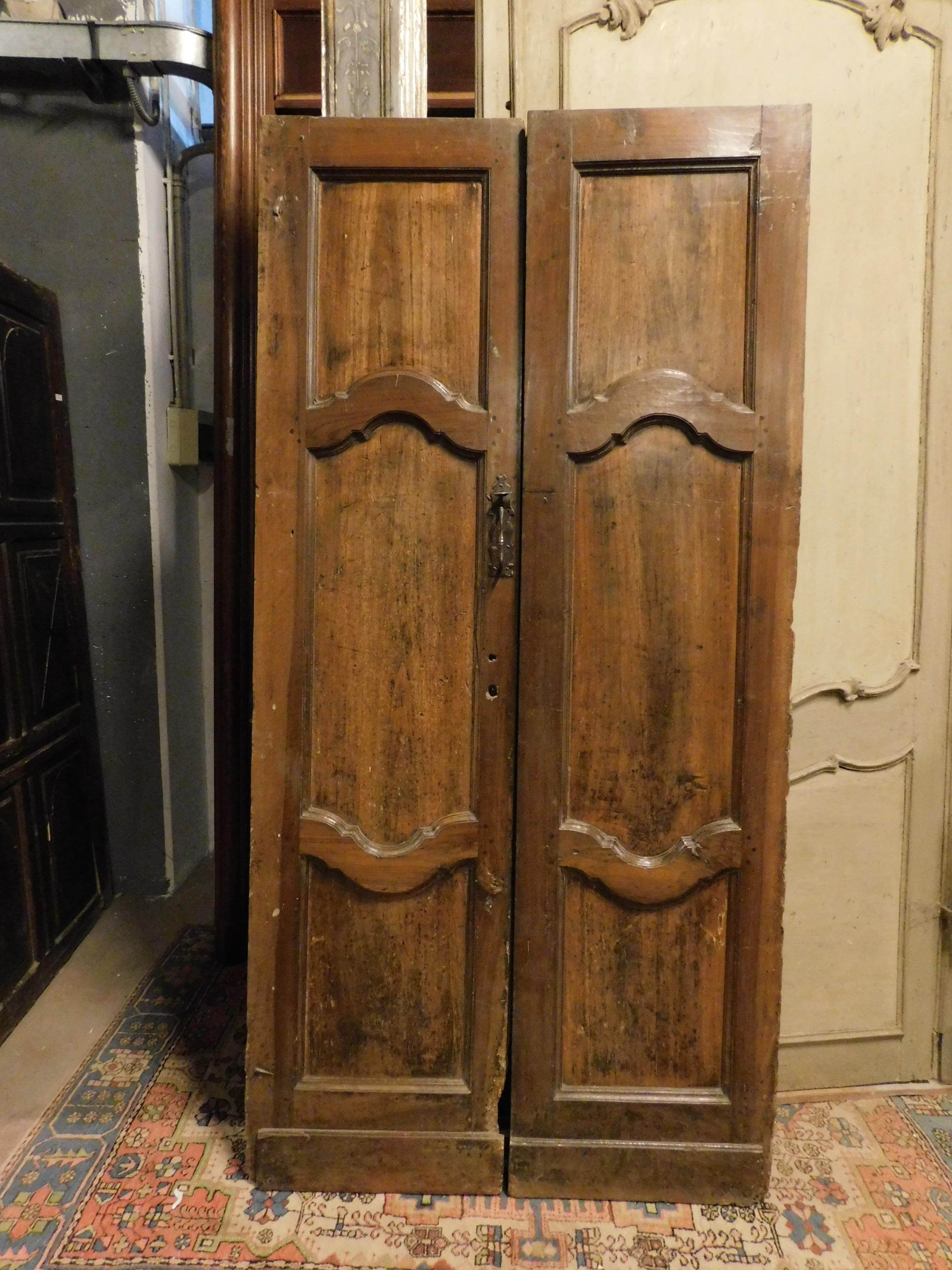 Antique double-leaf poplar door, for indoor use, hand-sculpted in the middle of the 18th century, typical panel and panel from Piedmont (northern Italy), still with beautiful butterfly irons and original handle with pop-up mechanism, in excellent