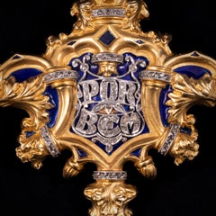 Antique POR BEM Diamond Pearl Enamel Yellow Gold Brooch Portuguese 19th Century