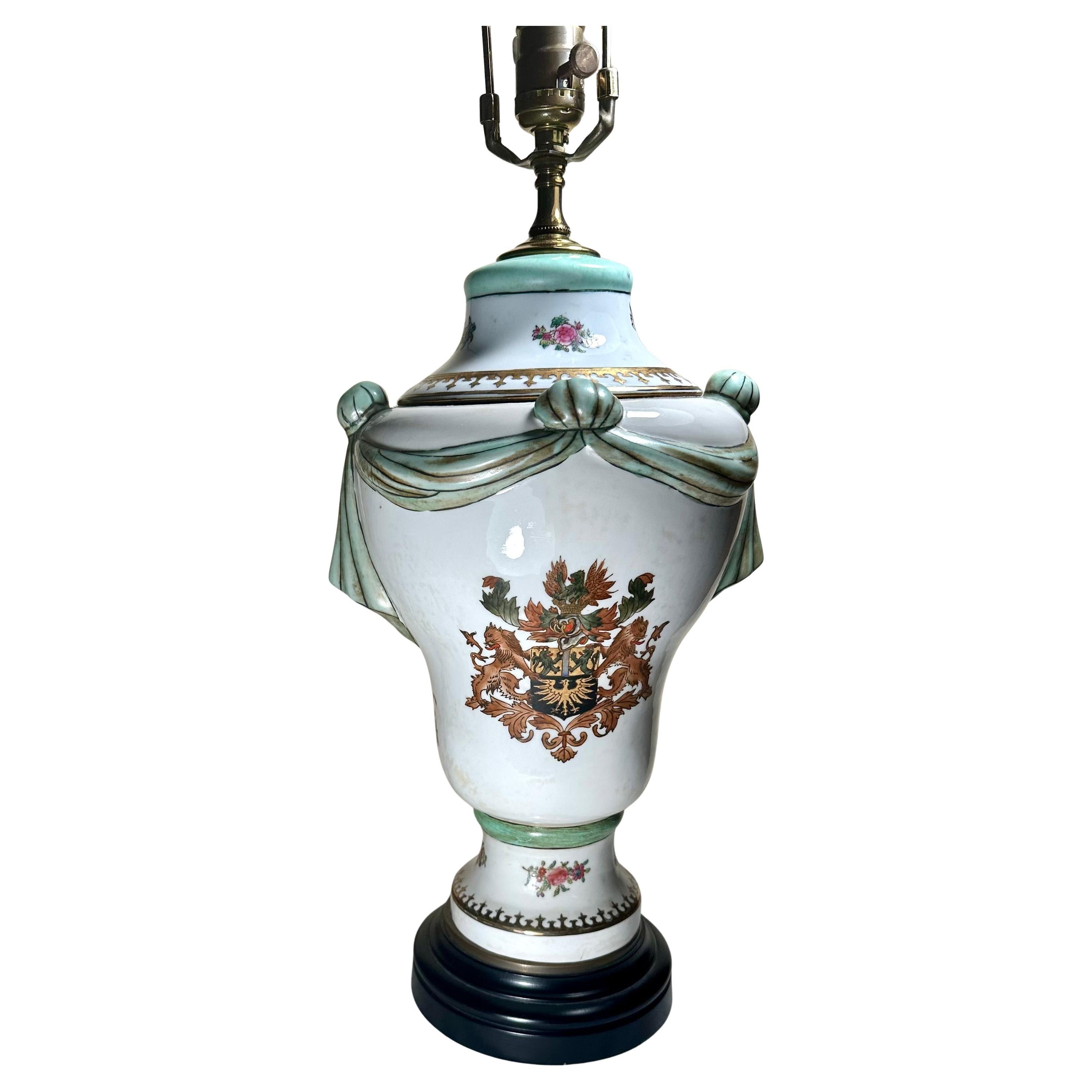Antique Porcelain Armorial Covered Urn. Capodimonte Mounted as Table Lamp