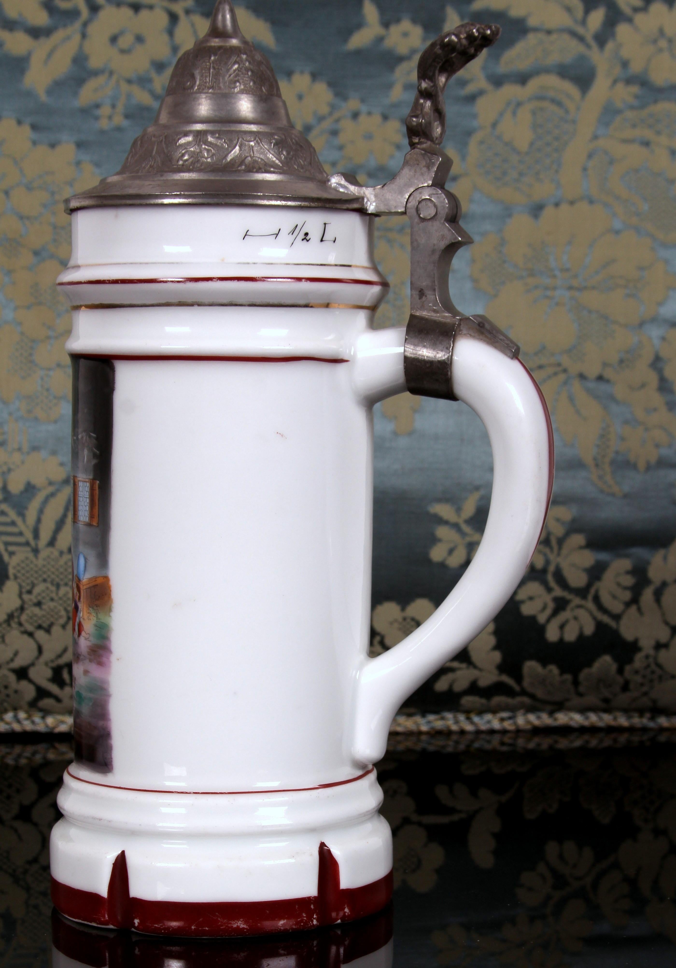 antique porcelain beer stein with pewter lid South German Historicism ar. 1870 For Sale 3
