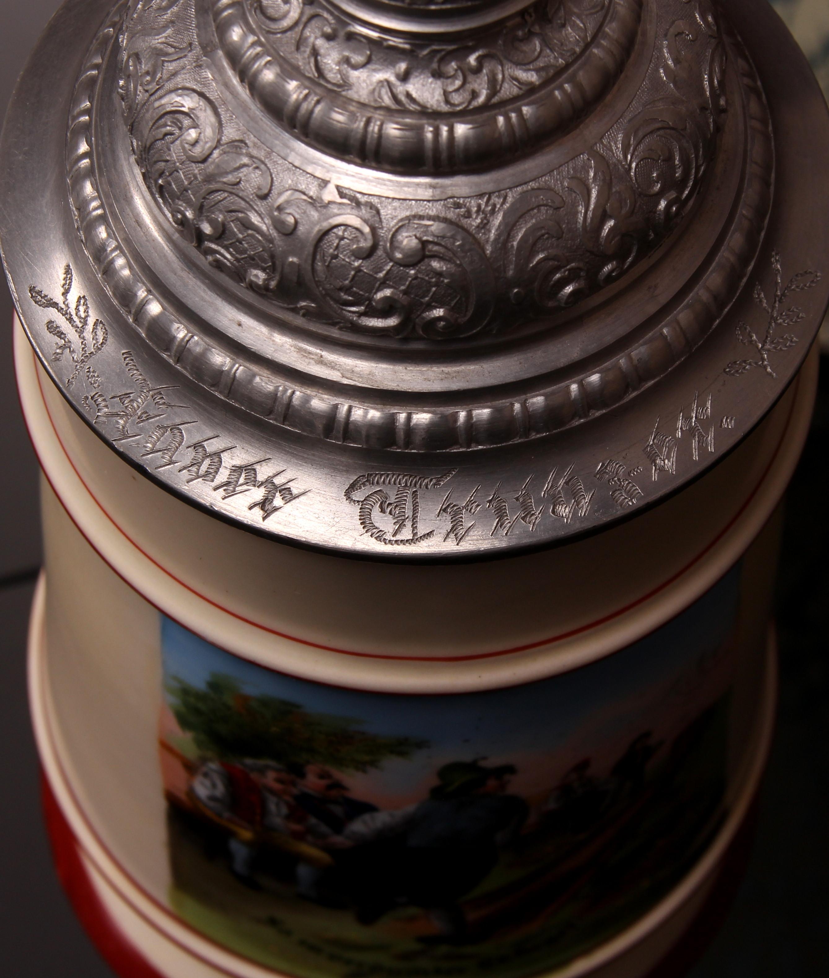 antique porcelain beer stein with pewter lid South German Historicism ar. 1870 For Sale 4
