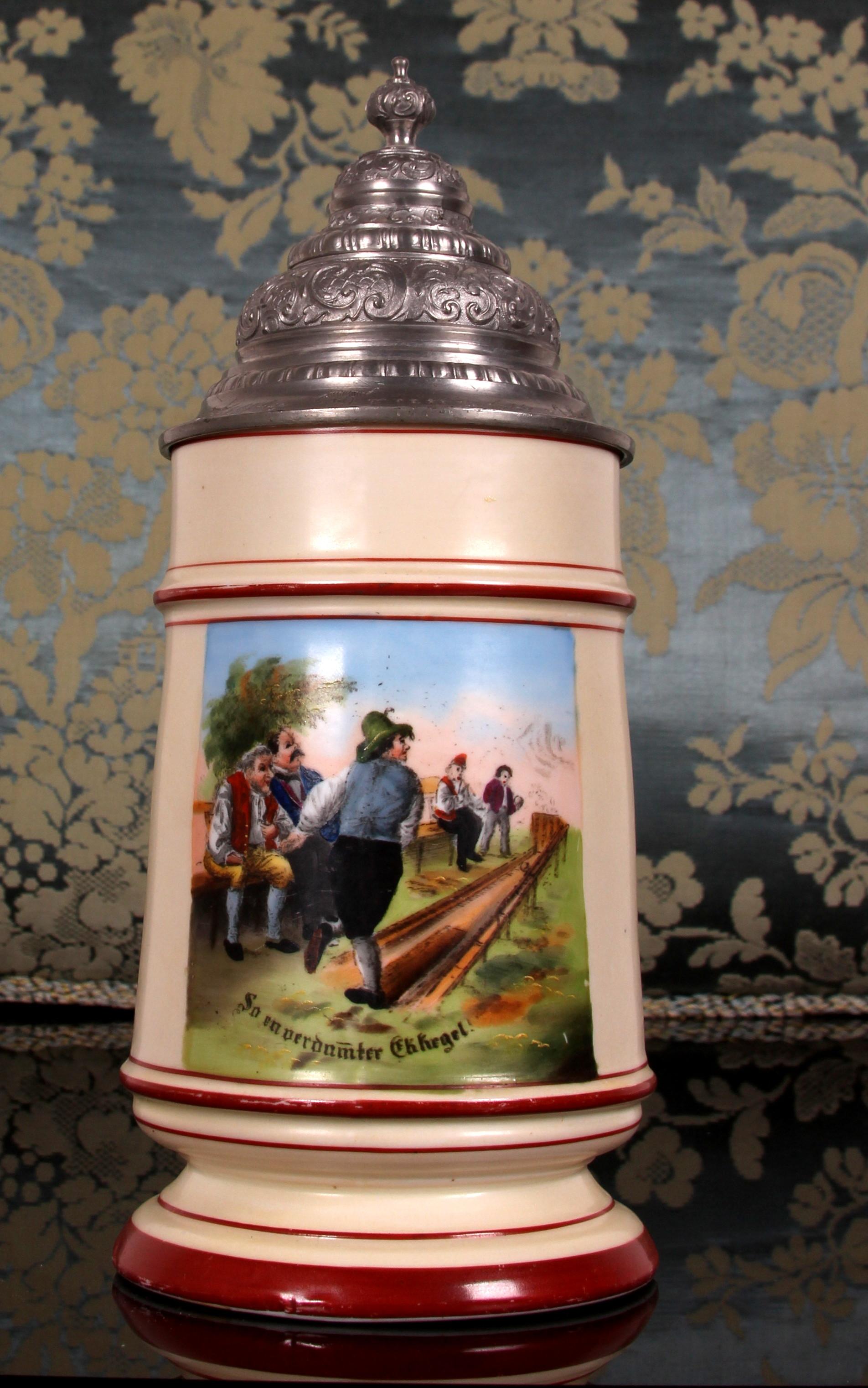 antique porcelain beer stein with pewter lid South German Historicism ar. 1870 For Sale 5
