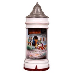 Antique Porcelain Beer Stein with Pewter Lid, Southern German, 1870