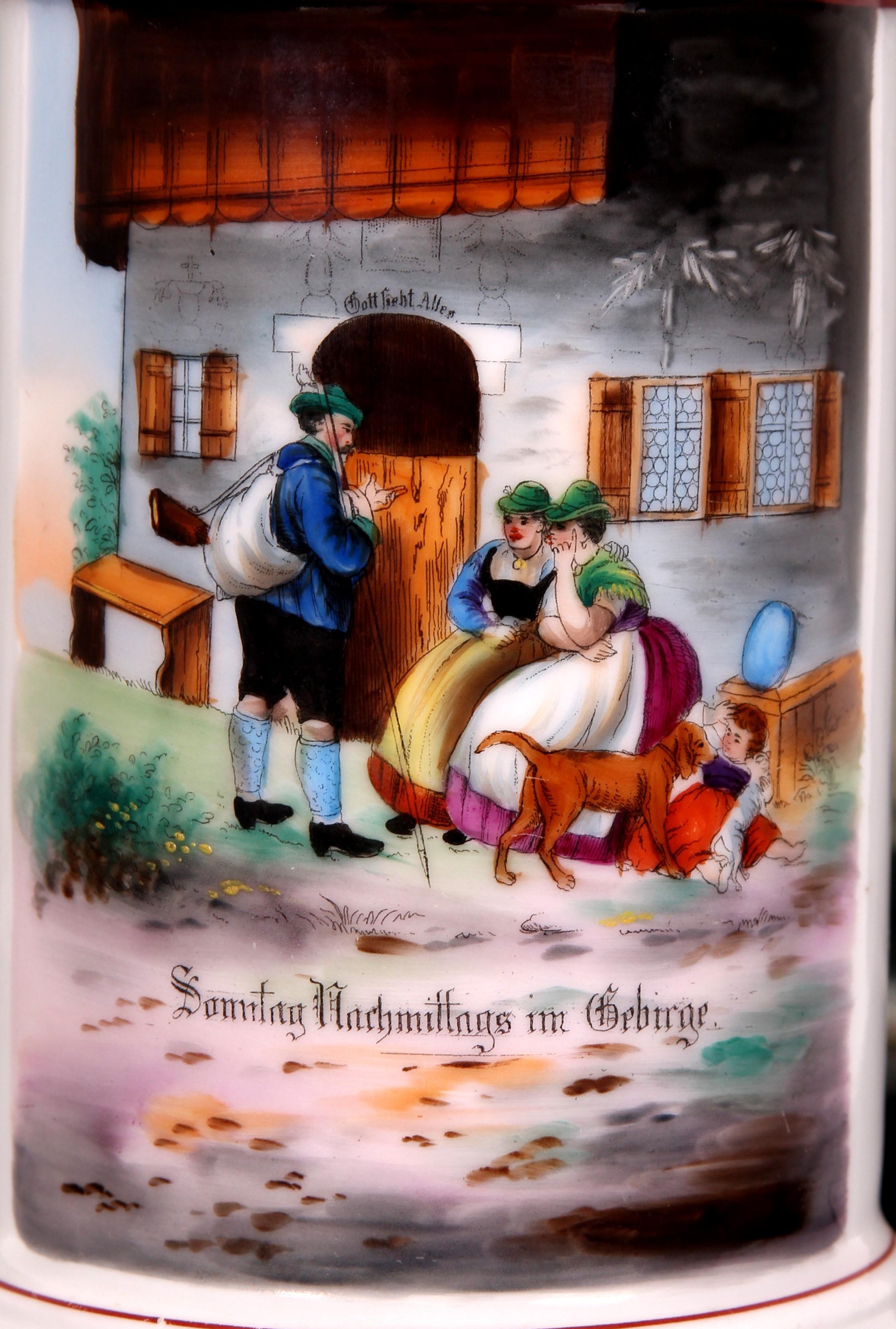 Antique porcelain beer jug with a tin lid
Southern German Historicism 
A typical humorous depiction of the time: 'A Sunday afternoon in the mountains'. 
(Written in old German letters)
Above the front door is the inscription 