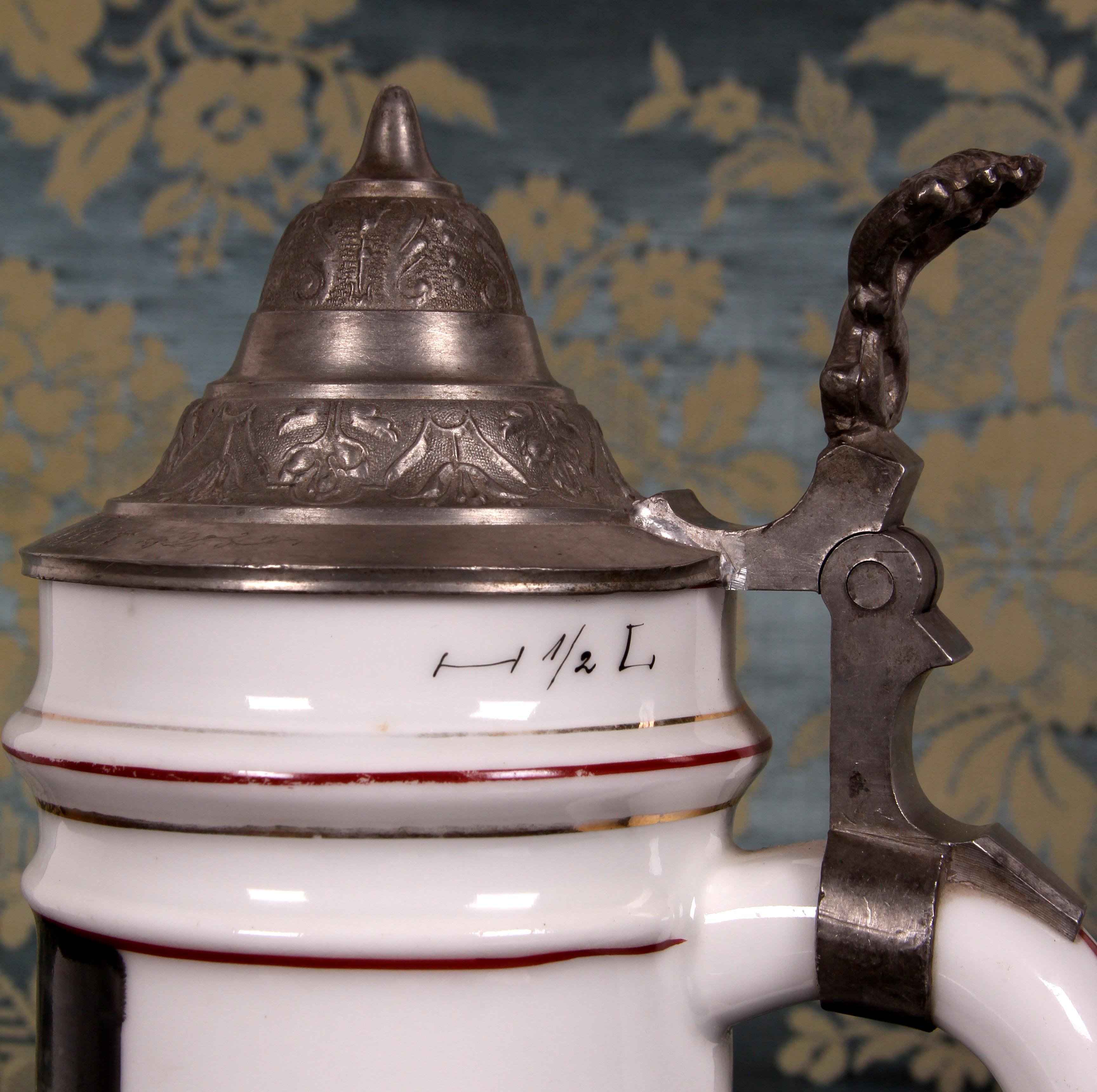 Art Nouveau antique porcelain beer stein with pewter lid South German Historicism ar. 1870 For Sale