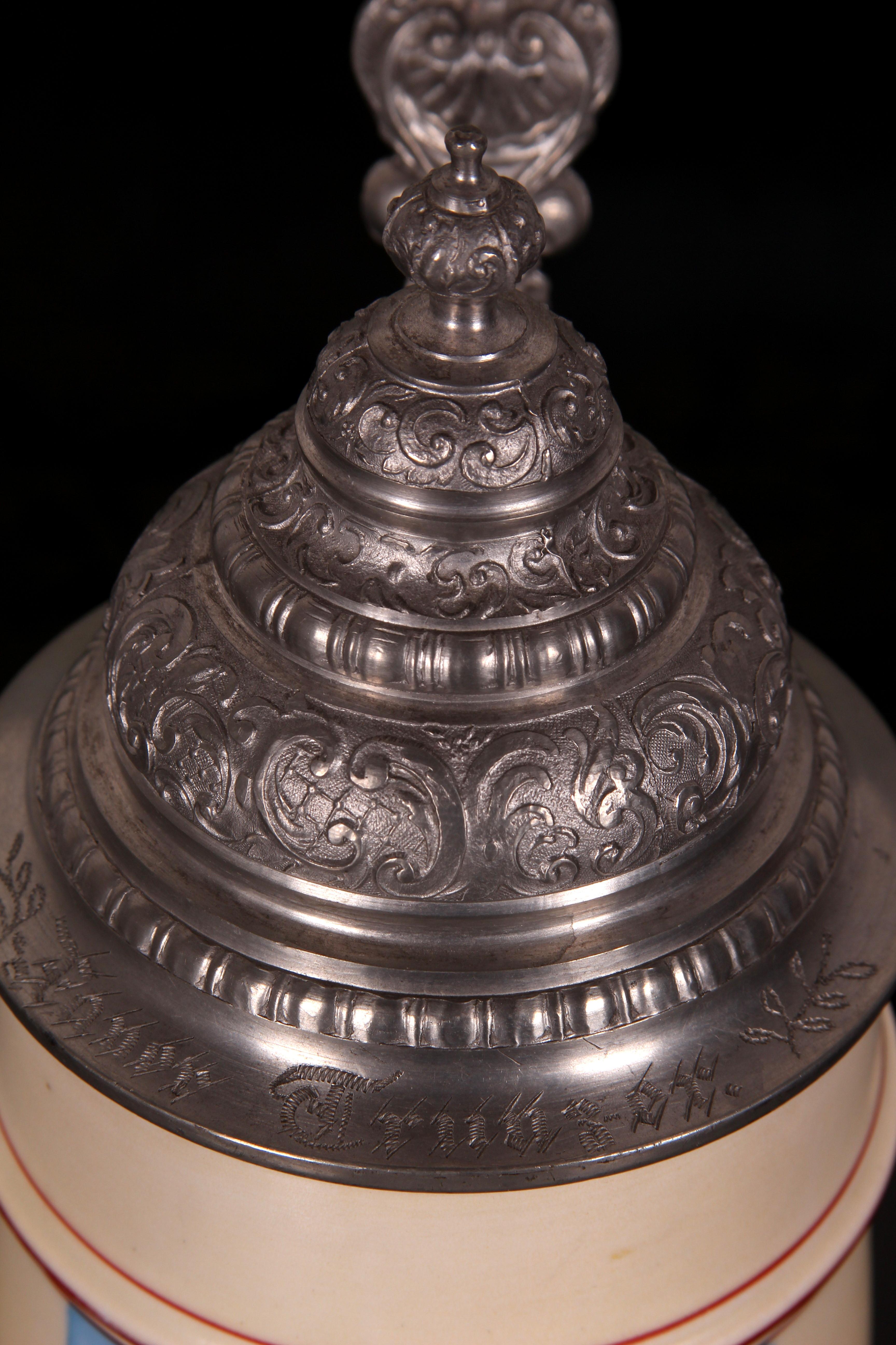 Art Nouveau antique porcelain beer stein with pewter lid South German Historicism ar. 1870 For Sale