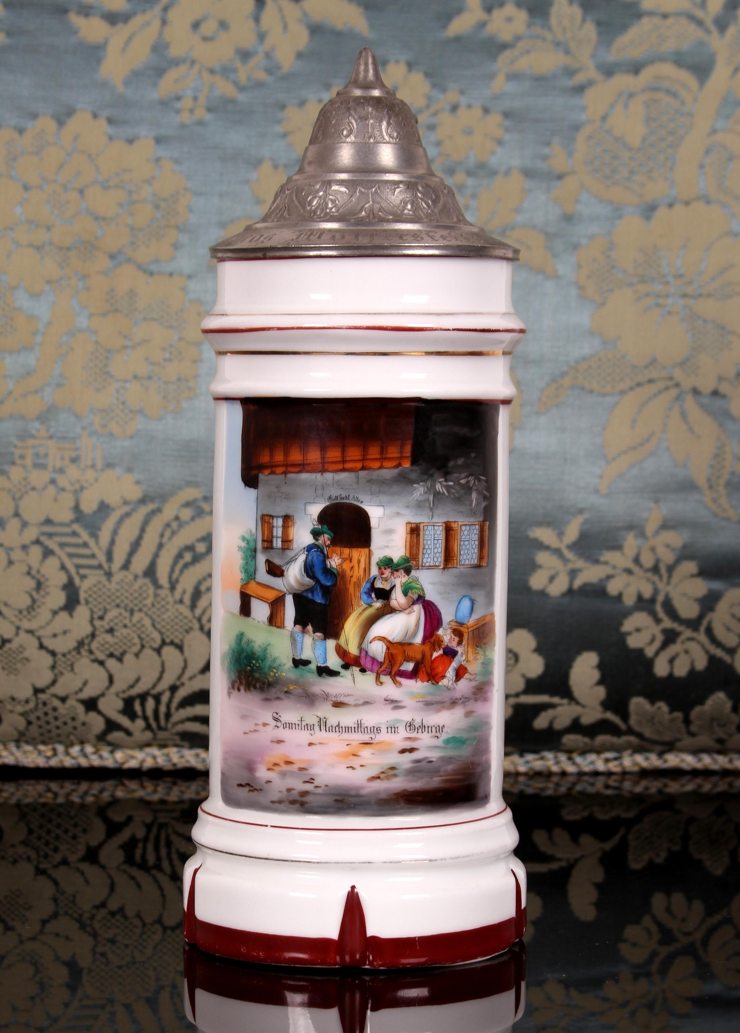 Pewter antique porcelain beer stein with pewter lid South German Historicism ar. 1870 For Sale