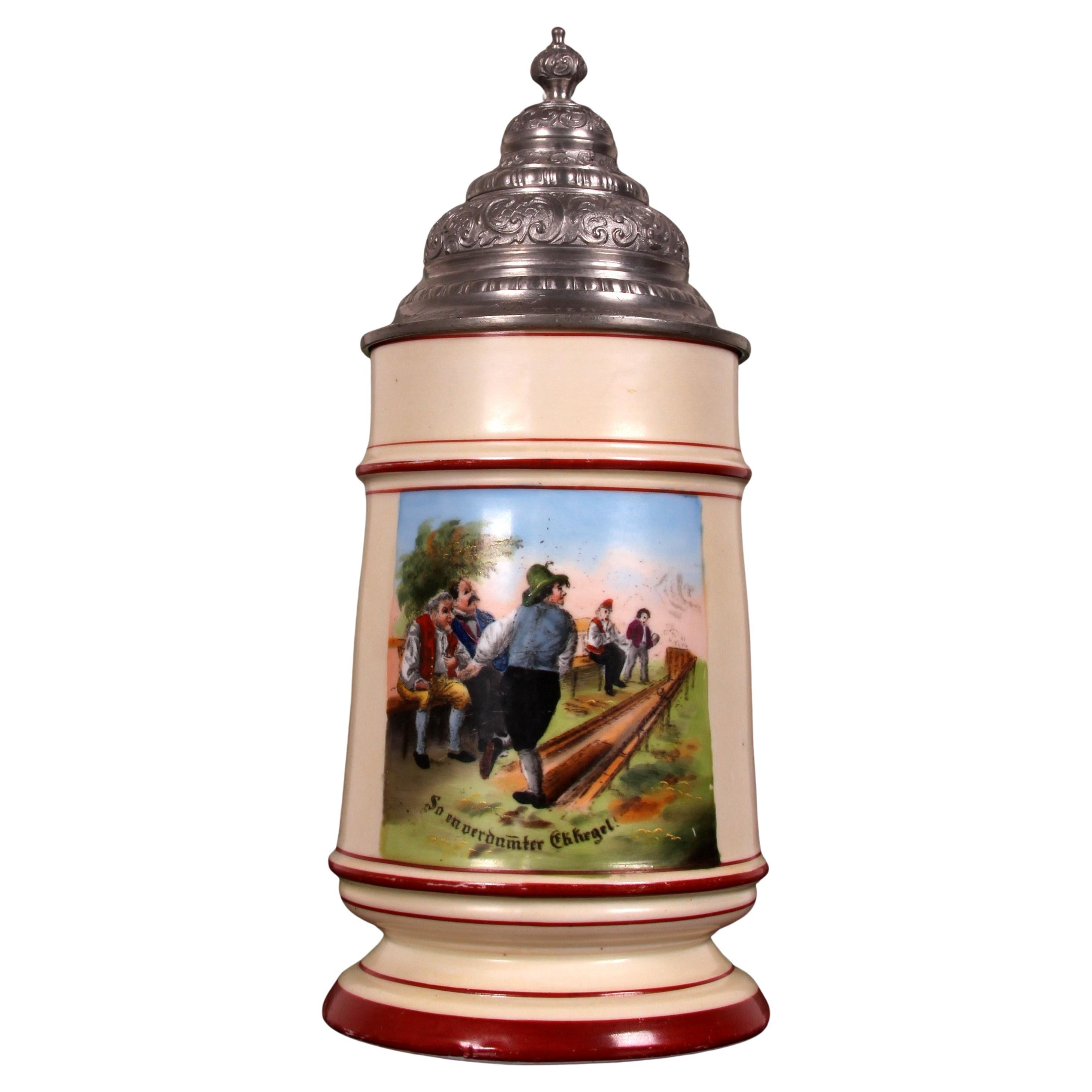 antique porcelain beer stein with pewter lid South German Historicism ar. 1870 For Sale