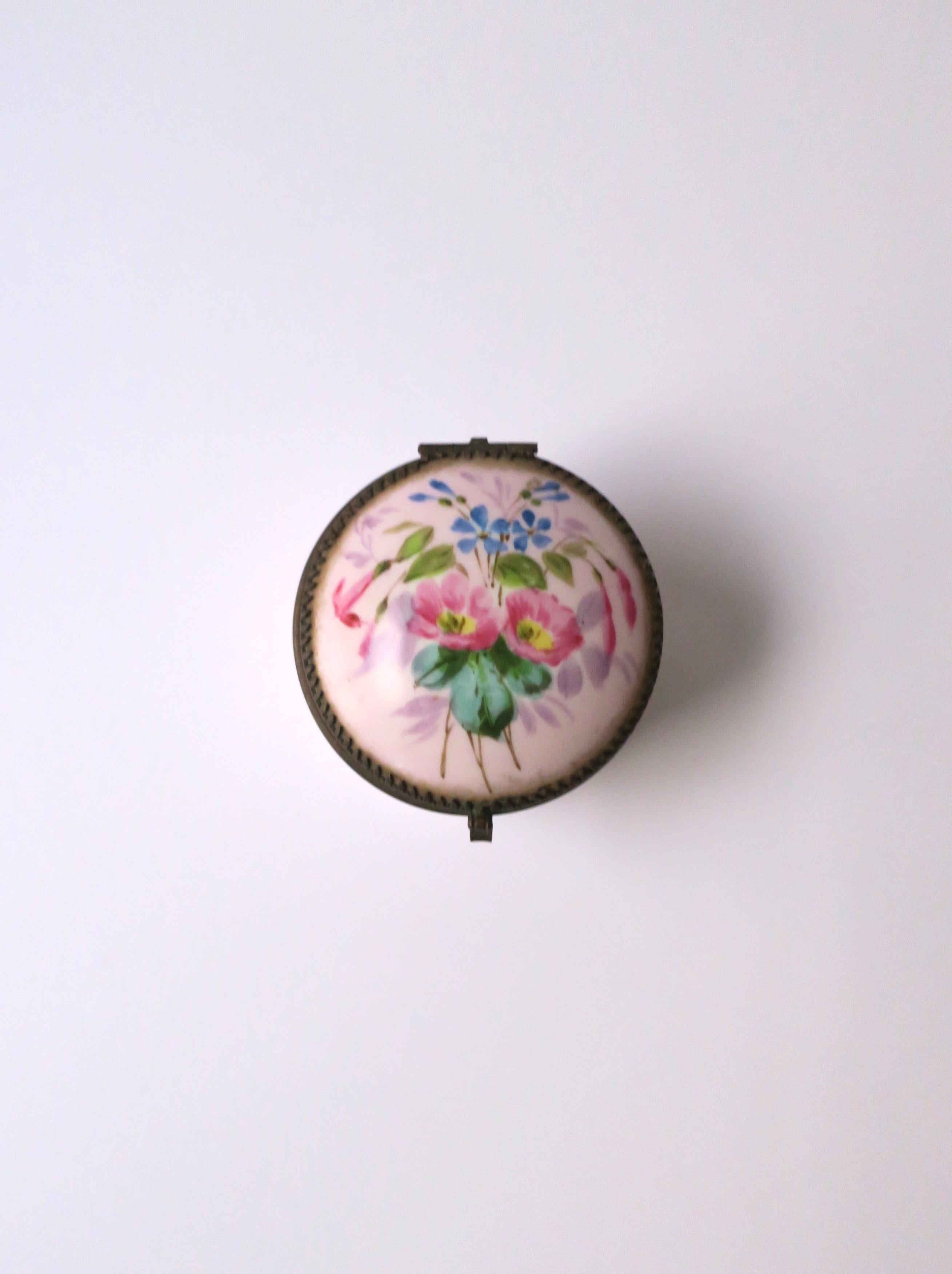 Brass Antique Porcelain Box with Floral Chintz Design For Sale