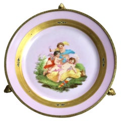 Antique Porcelain & Bronze Hand Painted & Gilt Footed Platter with Cherubs C1890